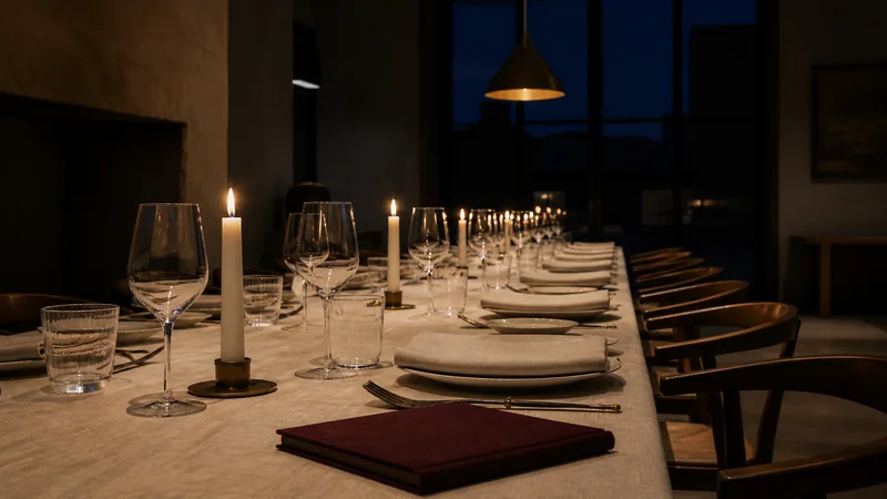 A long table set for a formal dinner, before the guests arrive
